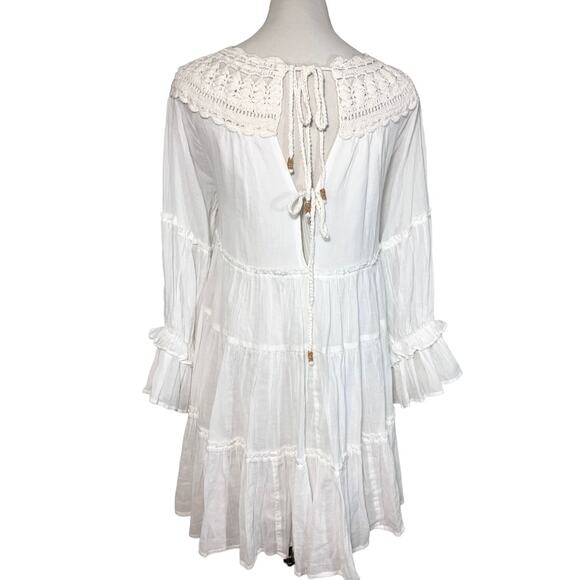 Free People Crochet Boat Neck Long Sleeve Tiered Flowy Boho Dress White Small - Picture 5 of 12